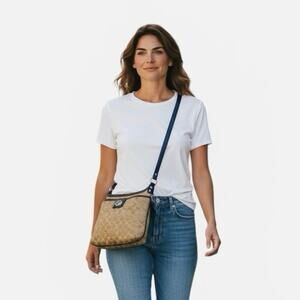 Coach Penelope Signature Logo Khaki Sateen Blue F19259 Crossbody Shoulder Bag
